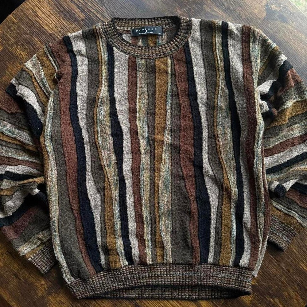 Men's Textured Stripe Crewneck Sweater Size M Brown Earth Tone Coogi Style